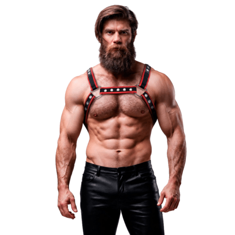 Harnais de poitrine bulldog en cuir écologique pour hommes noir/rouge — FETISH SUBMISSIVE ATTITUDE