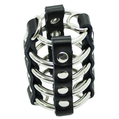 Cage pénis avec anneaux métalliques et sangle en cuir — OHMAMA FETISH