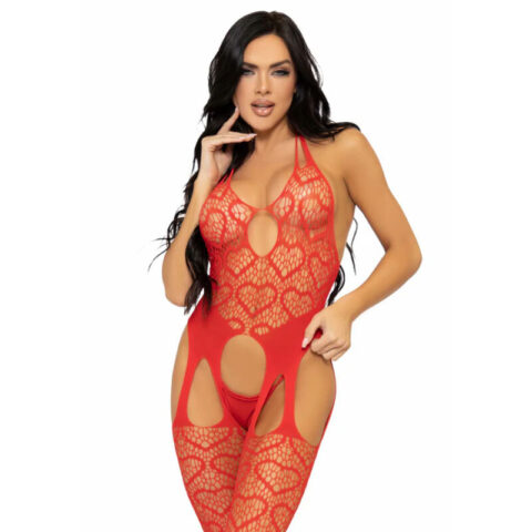 Bodystocking jarretelles en filet taille unique - rouge — LEG AVENUE