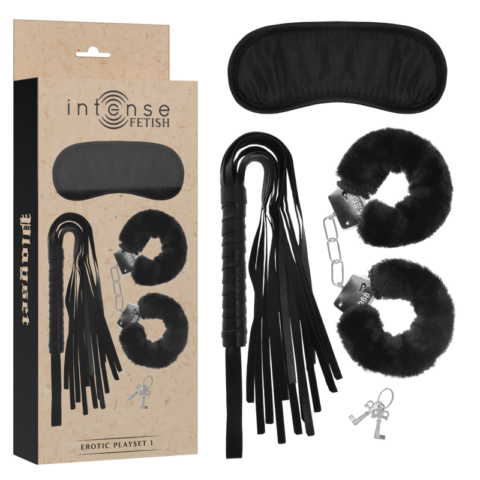 Fetish playset érotique 1 avec menottes, masque aveugle et flogger — INTENSE