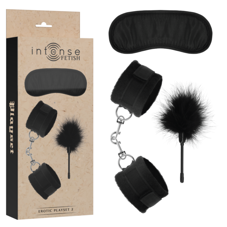 Fetish playset érotique 2 avec menottes, masque aveugle et tickler — INTENSE