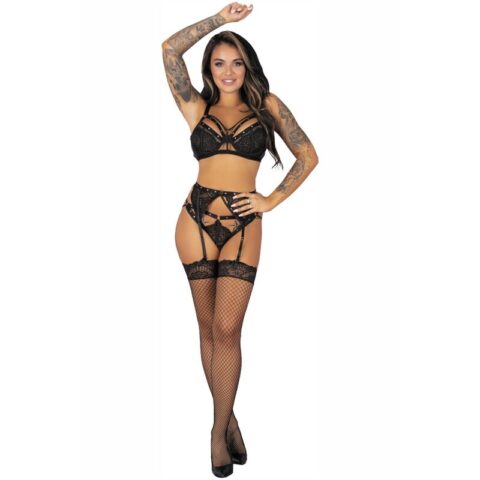 Pojzon LC 90670 soutien-gorge + porte-jarretelles + bas + culotte noir L/XL — LIVCO CORSETTI FASHION
