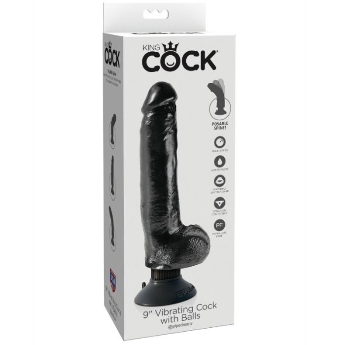 Gode vibrant avec testicules 23 CM noir — KING COCK, vue 2