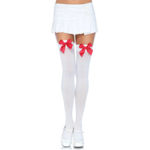 Cuisses hautes en nylon avec noeud blanc / rouge