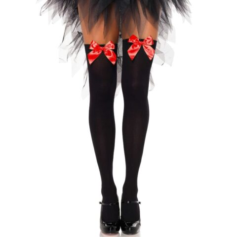 Cuisses hautes en nylon noir avec noeud rouge taille unique — LEG AVENUE