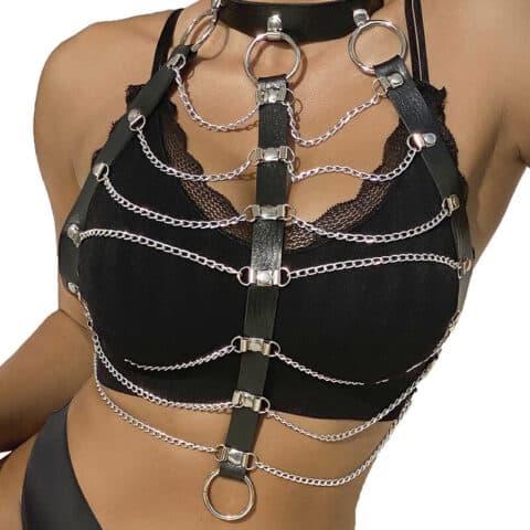 Harnais poitrine chaîne S en cuir noir taille unique — SUBBLIME