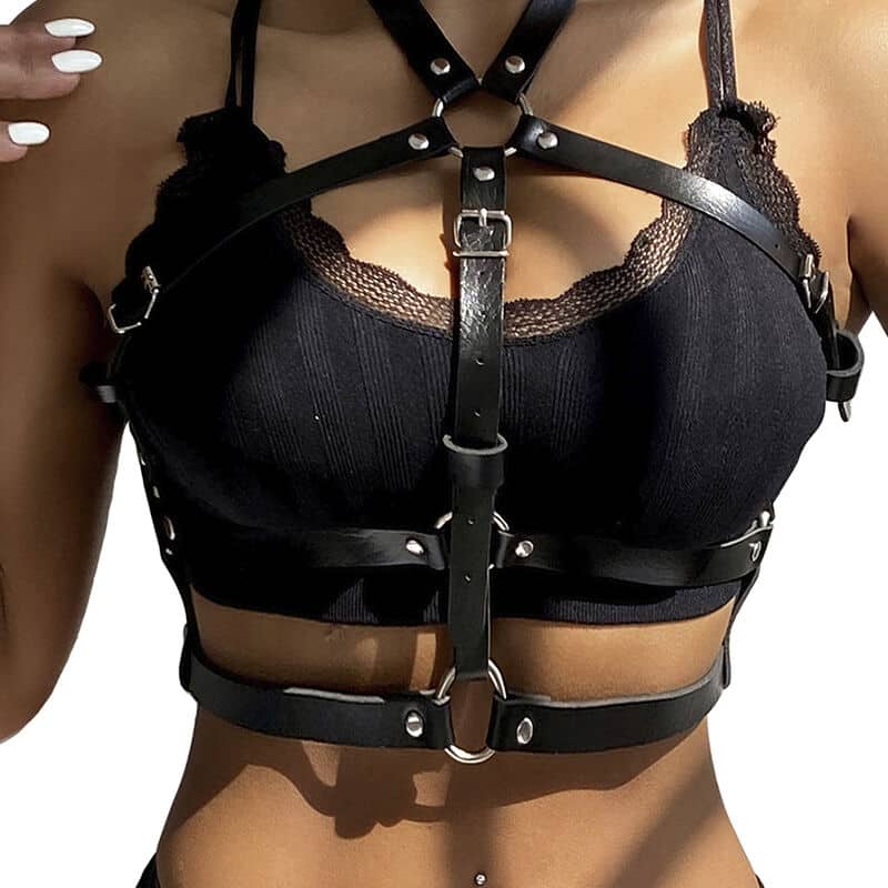 Harnais poitrine anneau cuir noir taille unique — SUBBLIME