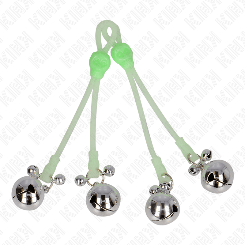 Pinces à teton lumineuses crâne avec anneau cloches réglables vert / argent — KINK, vue 2