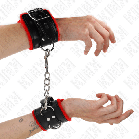 Appui-poignets doublés de fourrure avec trous carrés ceinture rouge et noire réglable 17-29 CM X 6 CM — KINK