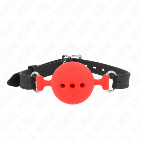 Bâillon entièrement silicone 55 x 2 CM avec boule de 5 CM taille L rouge ajustable 35-51 CM — KINK