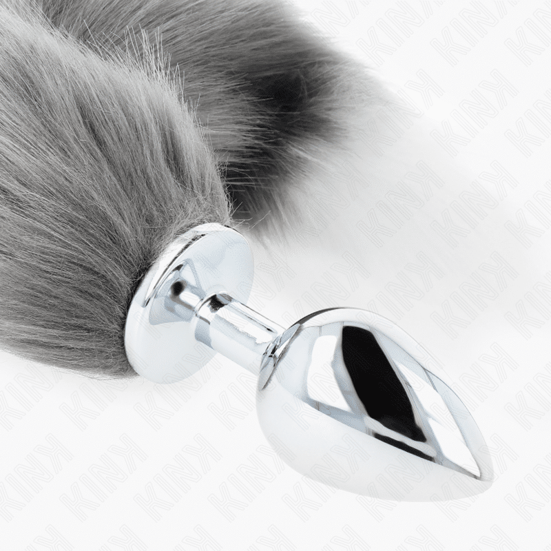 Plug anal taille L 10 X 4 CM avec queue synthétique 40 CM gris et blanc — KINK, vue 4