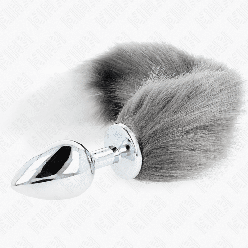 Plug anal taille L 10 X 4 CM avec queue synthétique 40 CM gris et blanc — KINK, vue 3