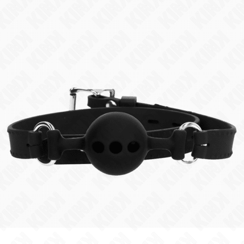 Bâillon entièrement silicone 55 x 2 CM avec boule de 4 CM taille S noir ajustable 35-51 CM — KINK