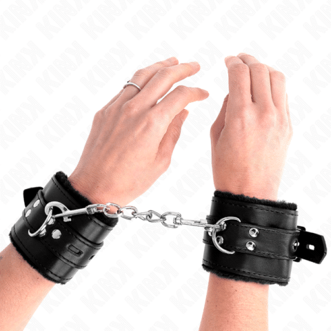 Appui-poignets doublés de fourrure avec trous carrés noir et ceinture noire réglable 17-29 CM X 6 CM — KINK