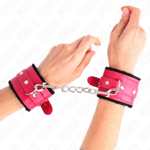 Appui-poignets doublés de fourrure premium noir avec ceinture rose framboise ajustable 17-29 CM X 6 CM — KINK