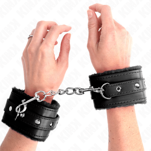 Appui-poignets doublés de fourrure premium noir avec ceinture noire réglable 17-29 CM X 6 CM — KINK