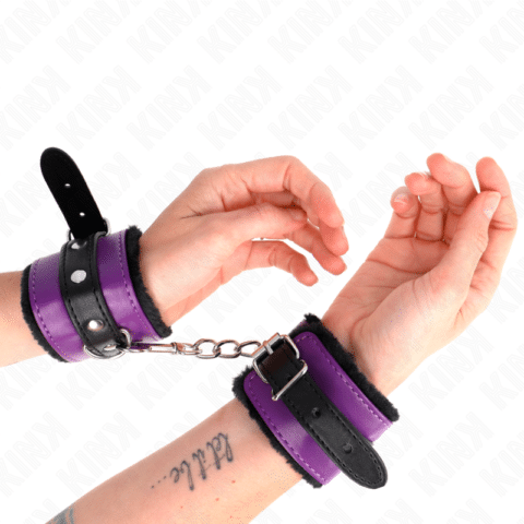 Appui-poignets doublés de fourrure premium noir avec ceinture violet / noire réglable 17-29 CM X 6 CM — KINK