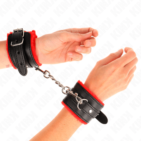 Appui-poignets doublés de fourrure premium rouge avec ceinture noire réglable 17-29 CM X 6 CM — KINK