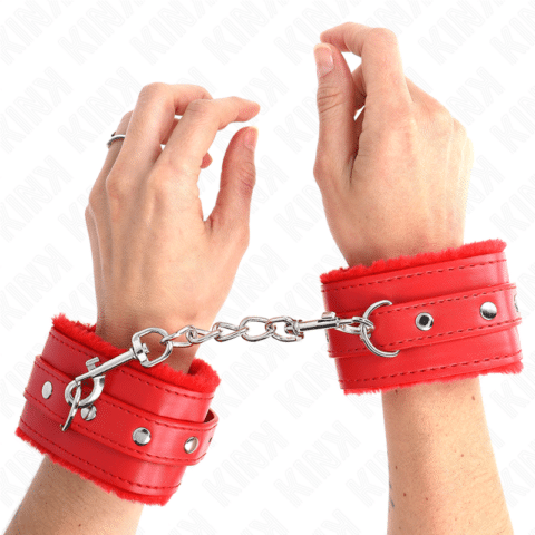 Appui-poignets doublés de fourrure premium rouge avec ceinture rouge réglable 17-29 CM X 6 CM — KINK