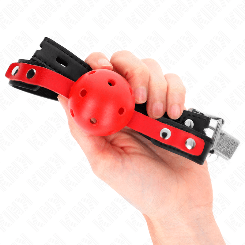 Balle dure creuse rouge 4 CM GAG bracelet noir 60 x 2 CM ajustable 37-52 CM — KINK, vue 3