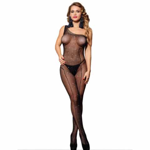 Bodystocking une épaule réseille avec diamants noir taille unique — SUBBLIME