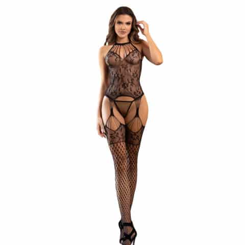 Bodystocking en résille sans fourche avec détails floraux et COL lien noir taille unique — SUBBLIME