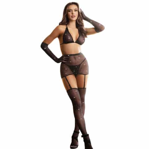 Bodystocking resille avec gants et diamants noir taille unique — SUBBLIME