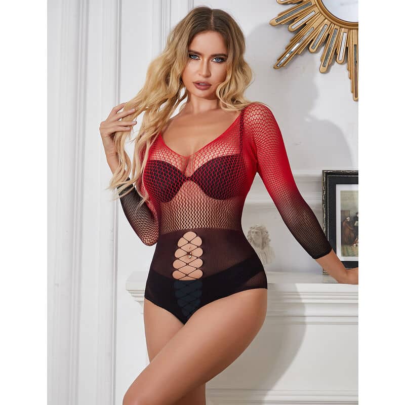 Robe résille élastique manches longues dégradé rouge et noir taille unique — SUBBLIME, vue 7