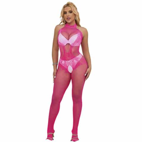 Bodystocking résille et dentelle sans fourrure avec COL montant rose taille unique — SUBBLIME