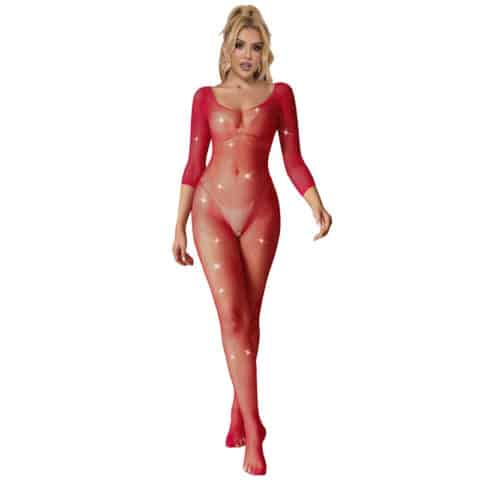 Bodystocking résille avec losanges manches longues rouge XS/M — SUBBLIME