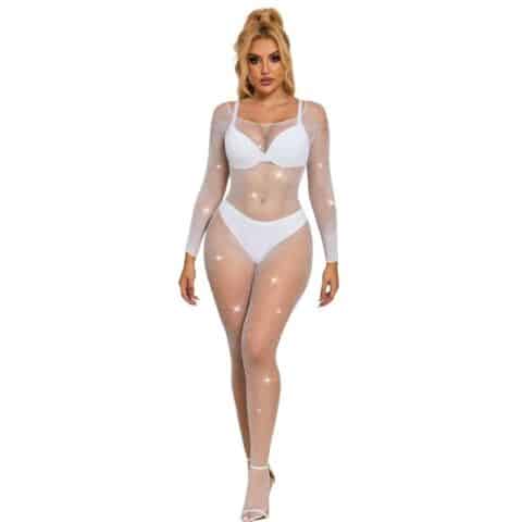Bodystocking resille avec losanges manches longues blanc taille unique — SUBBLIME