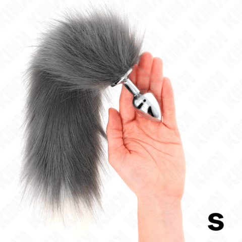 Plug anal taille S 7 X 3 CM avec queue synthétique 40 CM gris et blanc — KINK