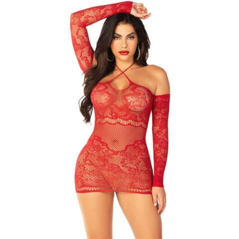 Robe mini en maille à épaules dénudées et à manches longues rouge — LEG AVENUE