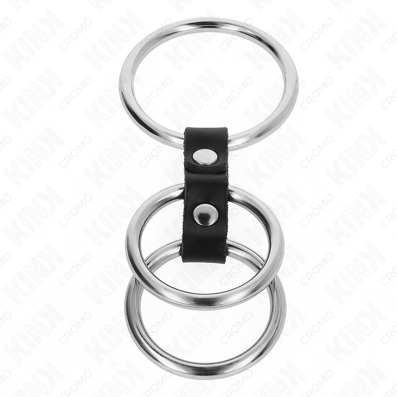 Anneau pénis triple métal 3,7 CM à 5 CM connecté au cuir — KINK, vue 3