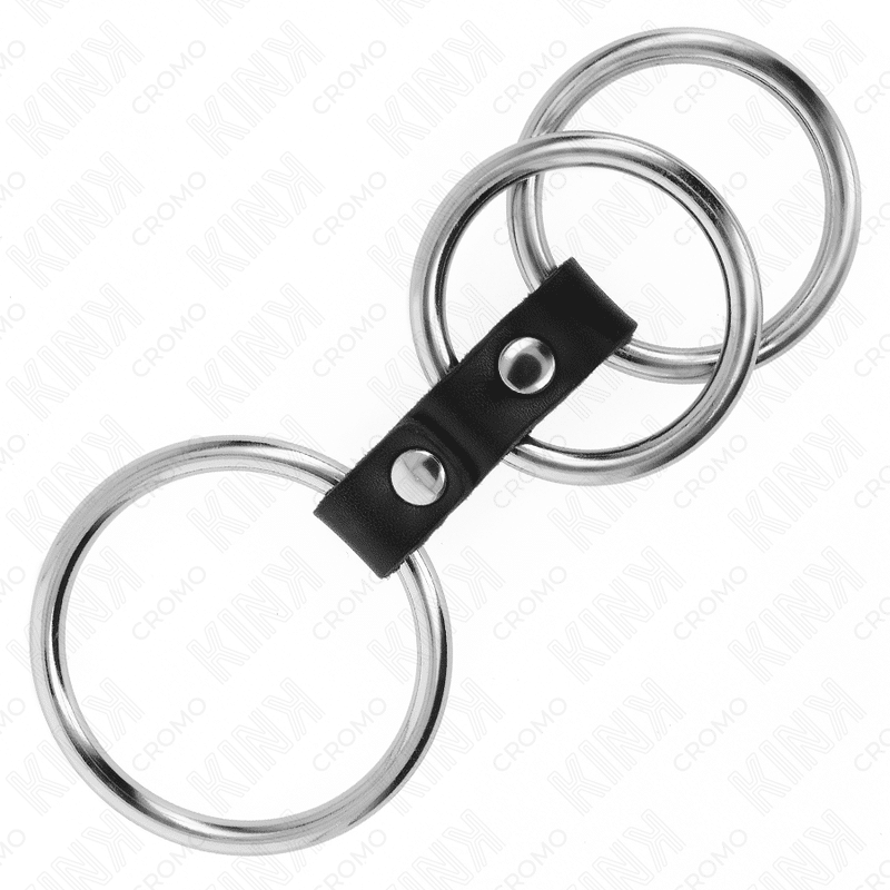Anneau pénis triple métal 3,7 CM à 5 CM connecté au cuir — KINK, vue 4