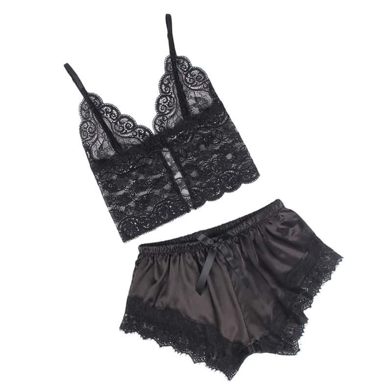 Chemise de nuit décontractée en soie + pantalon en dentelle noir S/M — SUBBLIME, vue 4