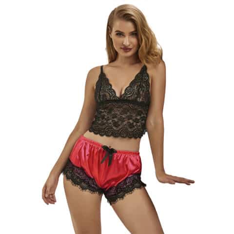 Chemise de nuit décontractée en soie + pantalon en dentelle noir/rouge L/XL