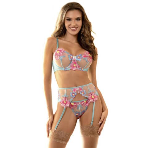 Soutien-gorge + culotte avec porte-jarretelles motif floral bleu L/XL — SUBBLIME