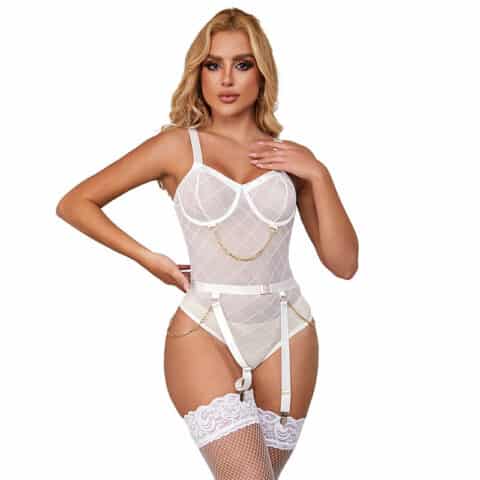 Body avec chaînes + porte-jarretelles blanc S/M — SUBBLIME