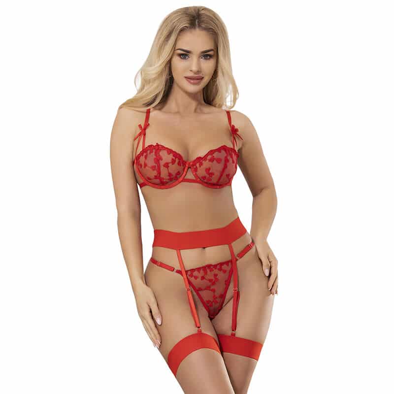 Soutien-gorge + string + porte-jarretelles imprimé coeur rouge S/M — SUBBLIME