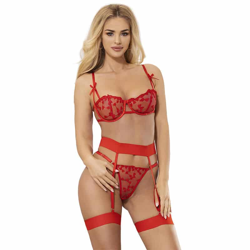 Soutien-gorge + string + porte-jarretelles imprimé coeur rouge S/M — SUBBLIME, vue 3