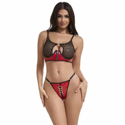 Ensemble soutien-gorge à fermeture éclair en cuir verni rouge S/M — SUBBLIME