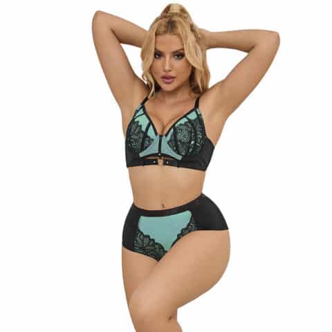 Ensemble soutien-gorge à fermeture éclair en cuir verni vert L/XL