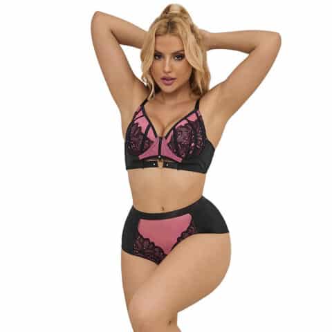 Ensemble soutien-gorge en cuir verni rose avec fermeture éclair L/XL