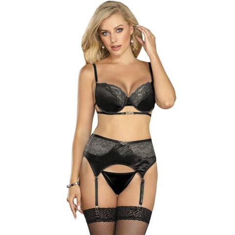 Ensemble 3 pièces soutien-gorge + string + jarretière dentelle noir S/M — SUBBLIME