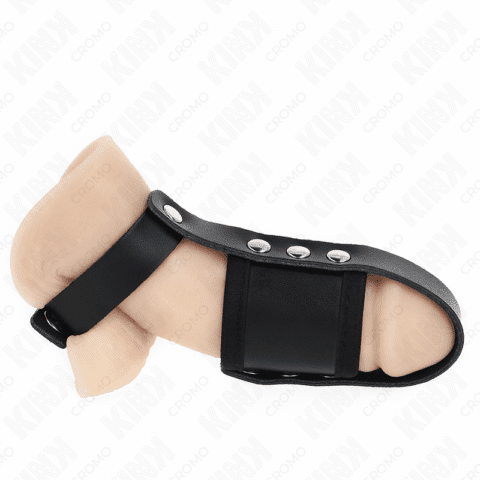 Anneau de cage à pénis en cuir avec sangle réglable de séparation des balles revêtueuse