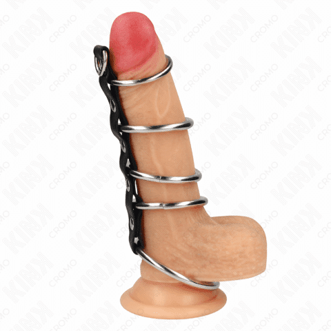 5 Anneaux pénis en métal de 3,2 CM à 5 CM connectés par du cuir — KINK