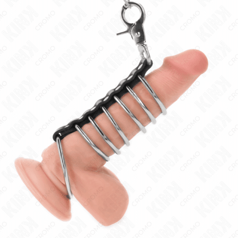 7 Anneaux pénis en métal de 3,8 CM à 5 CM connectés avec du cuir et une chaîne en métal 100 CM — KINK