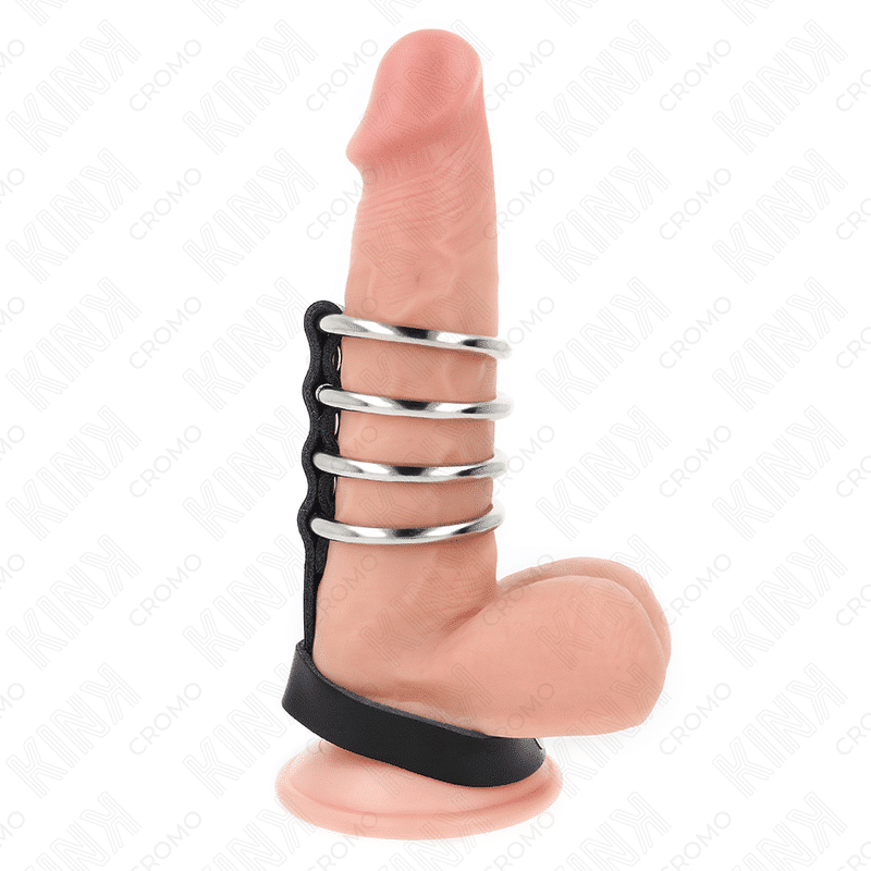 4 Anneaux pénis en métal 3,8 CM connectés avec sangle en cuir 22 X 1,5 CM et fermeture à pression — KINK
