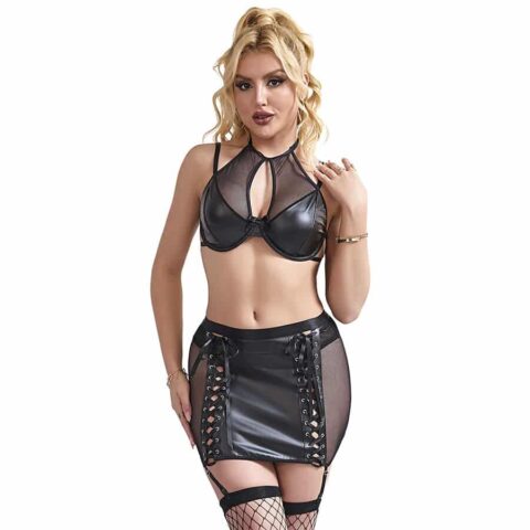 Ensemble soutien-gorge et jupe en cuir noir S/M — SUBBLIME